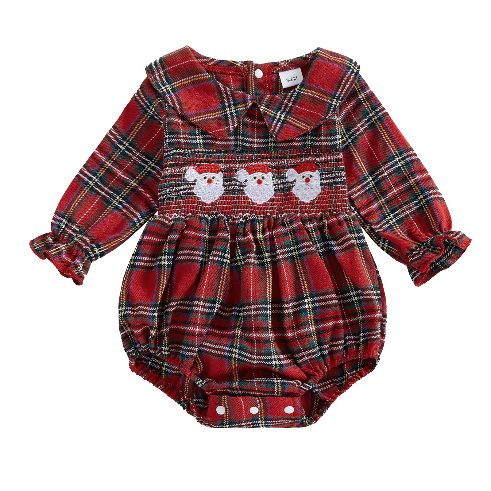 Newborn Baby Girls Christmas Clothes Lapel Long Sleeve Santa Elk Embroidery Smocked Plaid Bubble Romper Jumpsuit Outfit
