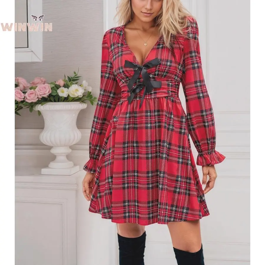 Women's Fall Dresses Plaid V Neck Bowknot Smocked A Line Mini Dress Tribal  Print Button Flowy Boho Beach Dress Fit Long Sleeve - TikTok Shop