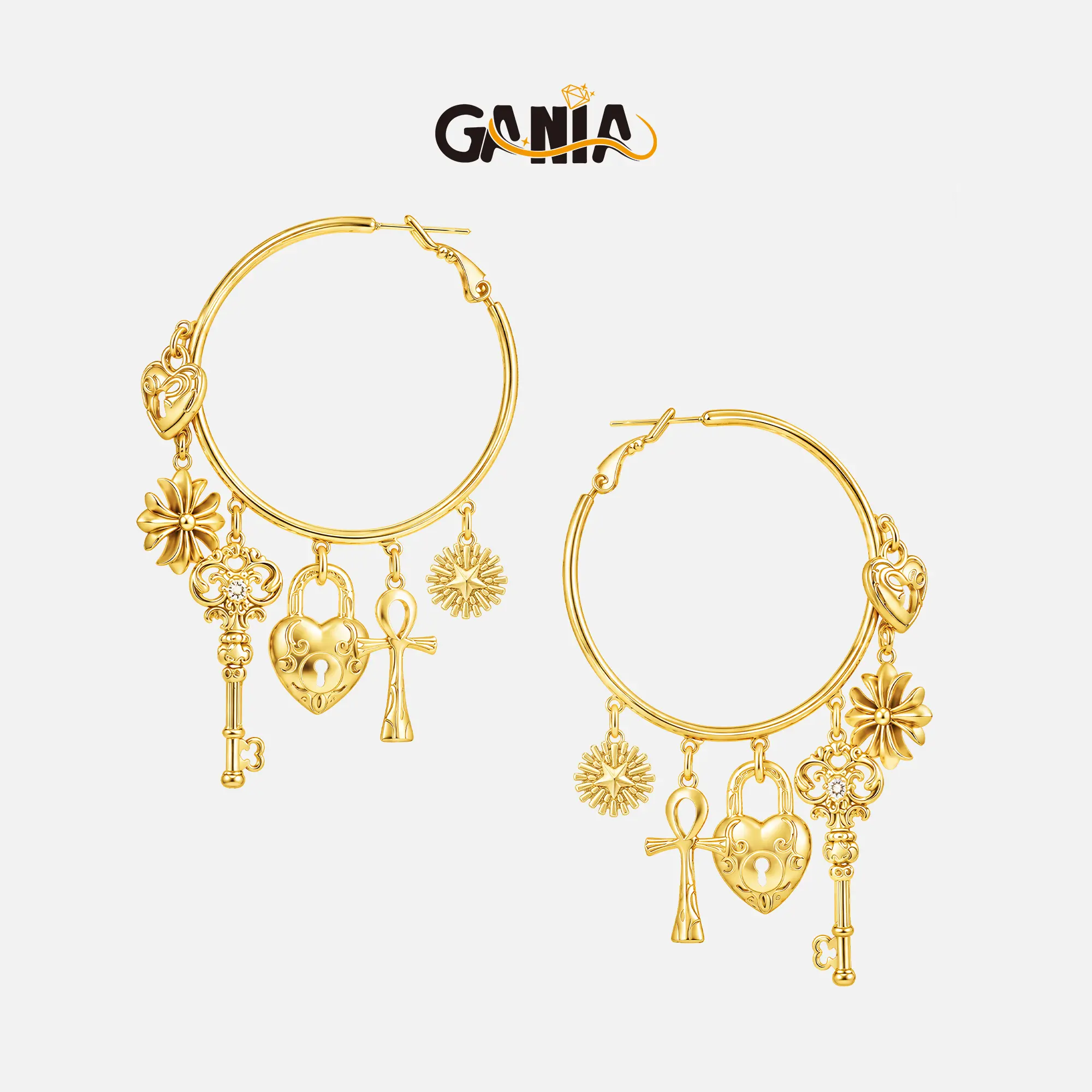 GANIA vintage large hoop earrings decorated with heart padlock pendants, carved keys, Ankh crosses, sun star and flower charms. Crafted with skin-friendly material, this versatile women ear jewelry is a nice pick for gift giving.