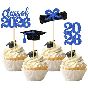 12 Piece 2026 Graduation Theme Paper Cup Cake Picks Topper, Glitter Grad Hat Diploma Shape Cake Decorations, Party Cake Decoration Supplies