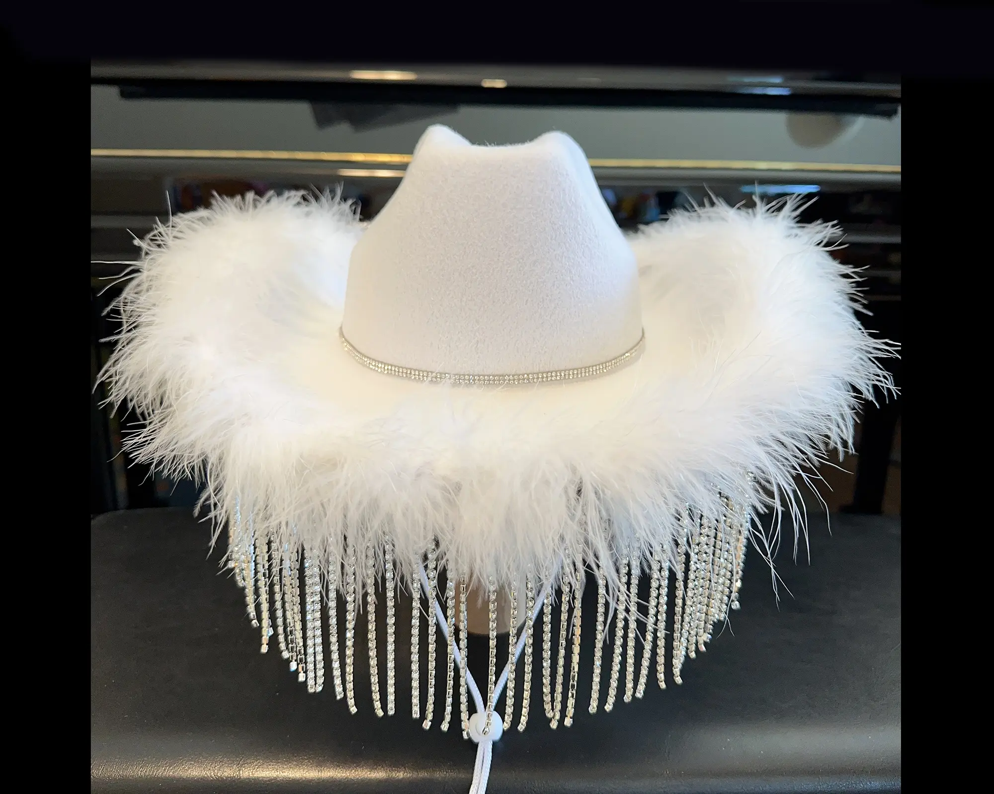 Custom Diamond Rhinestone Fringe Cowboy Hat, Rhinestone Cowgirl Hat with Feather Boa and Hat band, Nashville ,Bride outfit