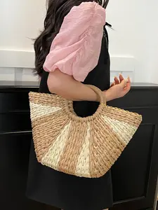 1pc Straw woven vintage handbag for women, Bohemian style casual trendy Lafite grass bag, large capacity summer beach bag with gold thread decoration, lazy style vegetable basket for vacation commuting, commuter handbag, Boho Shoulder Bags