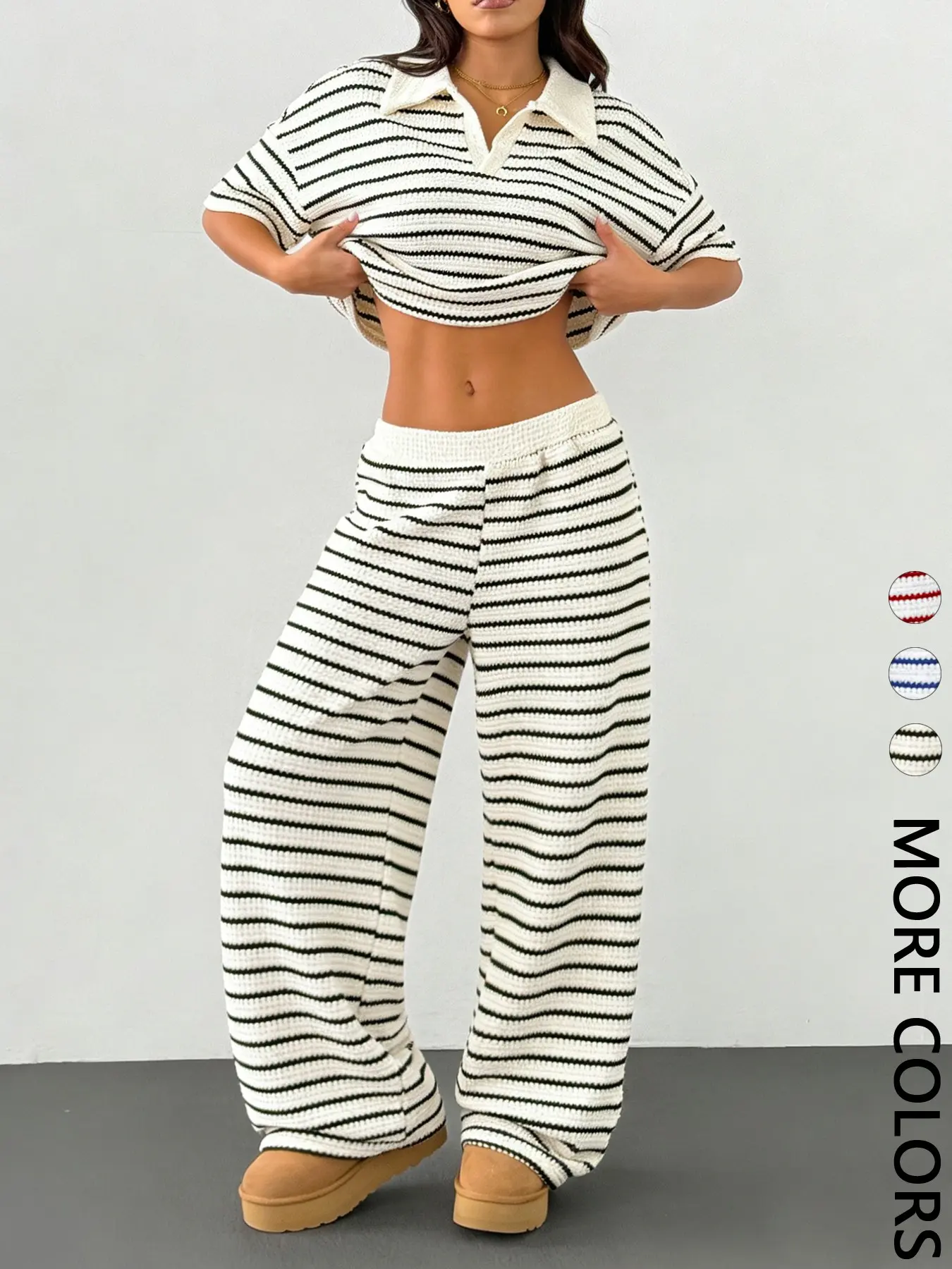 2-Piece Women's Spring Summer Striped Waffle Knit Set, Polo Crop Top & Wide-Leg Pants, Casual Loungewear