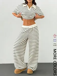 2 Piece Women's Spring Summer Striped Waffle Knit 2 Piece Set, Polo Crop Top & Wide Leg Pants Casual Loungewear, Preppy Matching Set