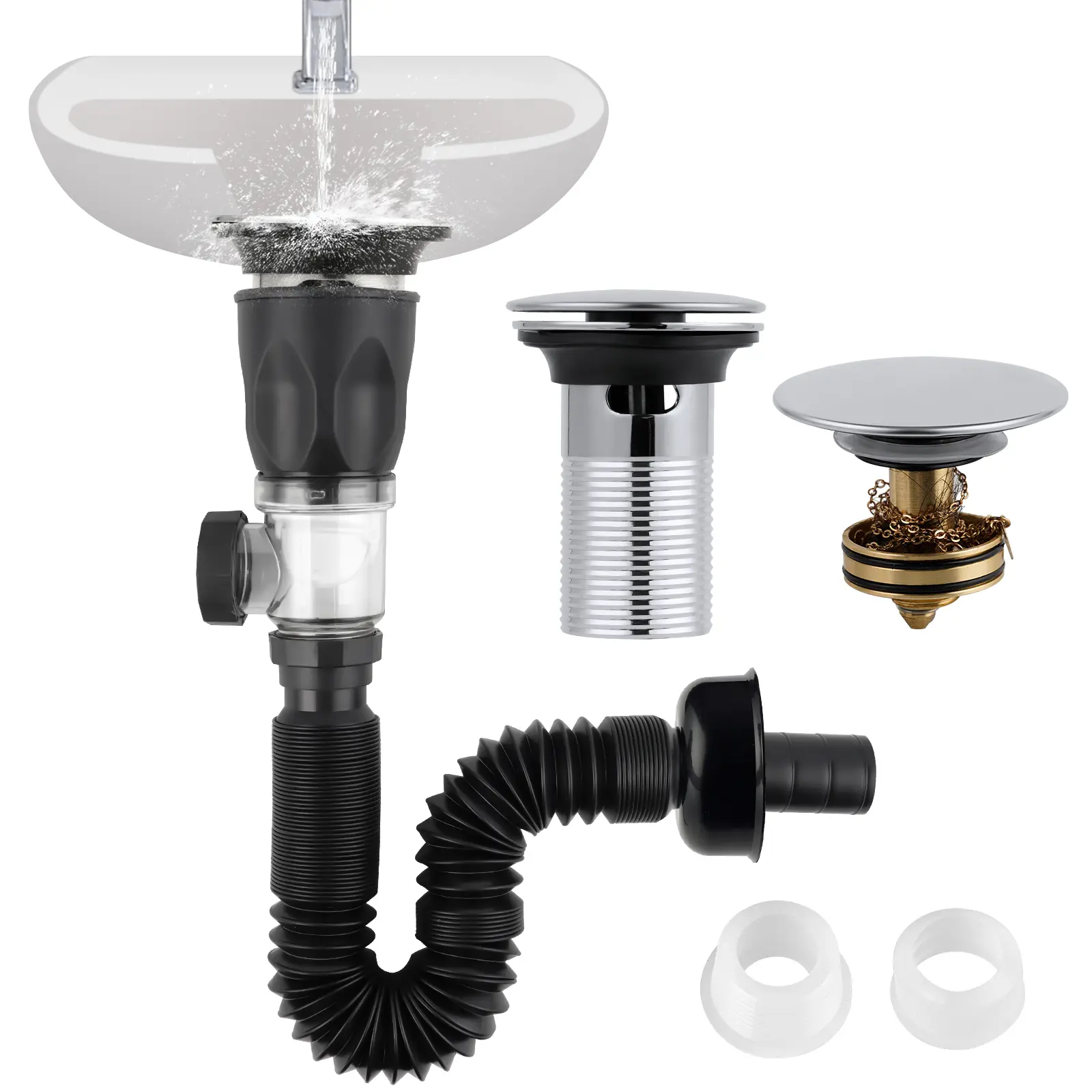 Hibbent Bathroom Sink Drain Kit for Bathroom Fixtures - Stainless Steel Flexible P-Trap Pipe, Pop-Up Stopper, Brass Bounce Core, Chrome Big Cover Cap, 2 Adapters for 1-1/4in, 1-1/2in, 2in Sink Holes (Replacement Use, Hair Blocker Accessory)