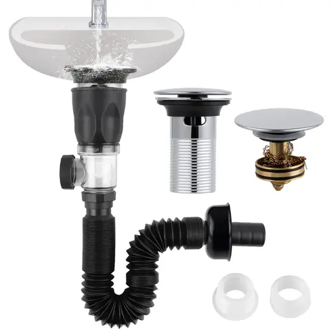 Hibbent Adjustable Bathroom Fixtures Drain Kit - 6.7"-37" Stainless Steel Flexible P-Trap Pipe, Pop-Up Stopper, Brass Bounce Core, Chrome Cover Cap, 2 Adapters (1-1/4in,1-1/2in,2in Holes), Hair Blocker, Thick Gaskets Stop Leaks, Easy DIY Fixes, Easy For D