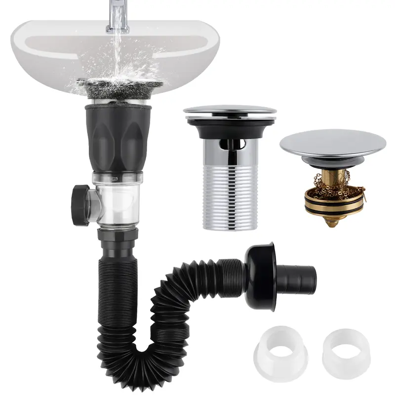 Hibbent Adjustable Bathroom Fixtures Drain Kit - 6.7"-37" Stainless Steel Flexible P-Trap Pipe, Pop-Up Stopper, Brass Bounce Core, Chrome Cover Cap, 2 Adapters (1-1/4in,1-1/2in,2in Holes), Hair Blocker, Thick Gaskets Stop Leaks, Easy DIY Fixes, Easy For D