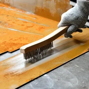 Wooden Handle Wire Brush, Stainless Steel Wire Scrub Brush for Cleaning Rust, 14" Curved Beechwood Handle Wire Brush for Car, Home, Office