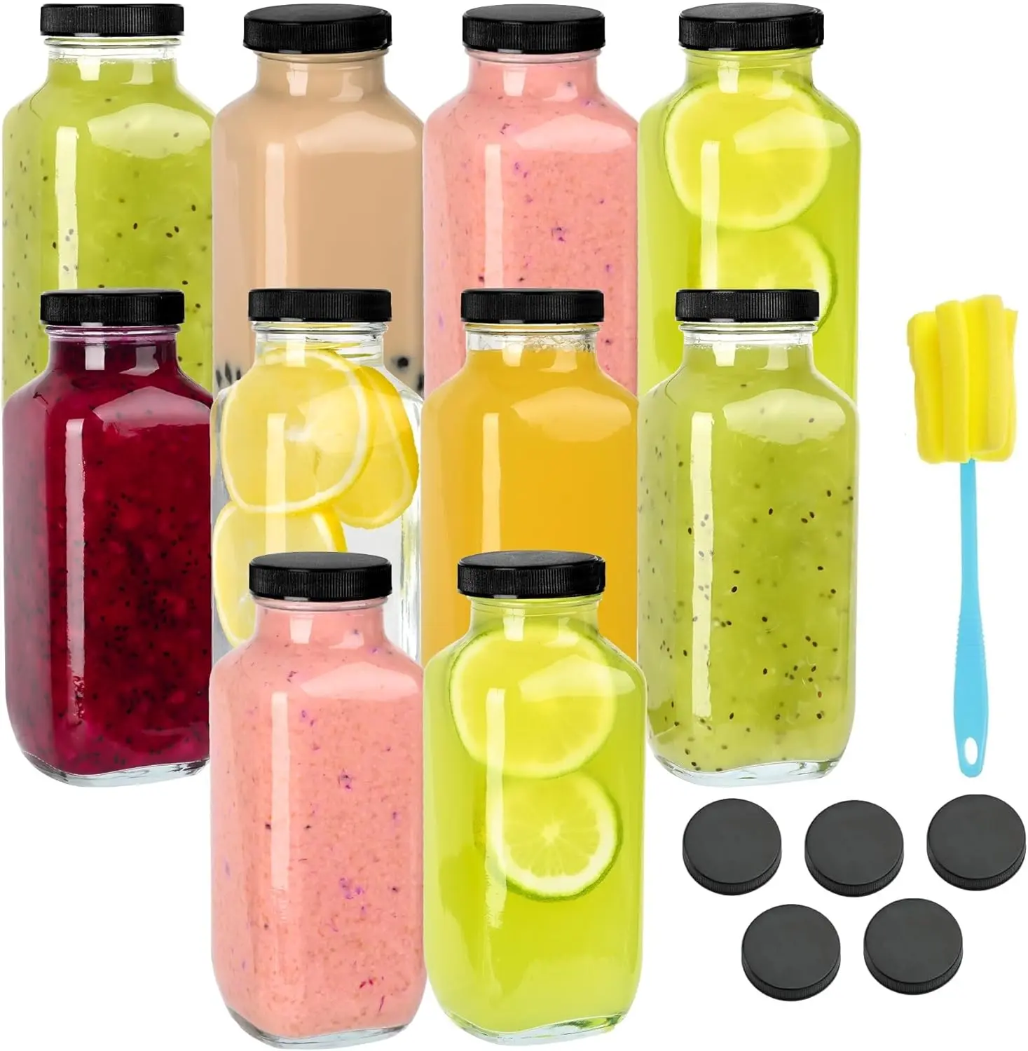10-Pack 16oz Modern Square Glass Beverage Bottles Set - Reusable, Portable, Adjustable Airtight Lids, Cleaning Brush - Ideal for Juicing, Food Storage Containers