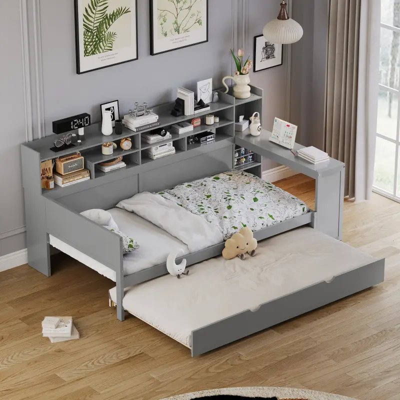 Twin Size Rustic Wooden Daybed with Twin Trundle, Storage Shelves, Study Desk, Wood Slat Support, No Box Spring Needed, Easy Assembly (Grey), Rustic Look