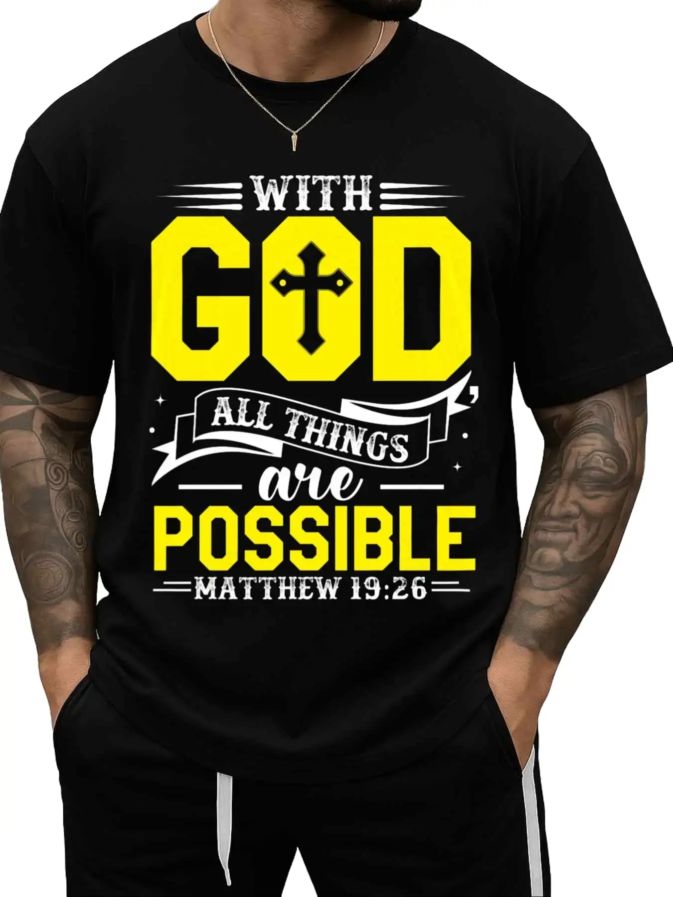 With God All Things Are Possible Matthew 19:26 Cross Symbol Bold Yellow White Letter Inspirational Christian Faith Graphic T-Shirt, Men Soft Breathable Cotton Crew Neck Church Worship Daily Casual Religious Tee