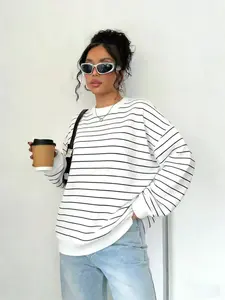 Women's Oversized Striped Knit Sweatshirt | Soft cozy loose-fit pullover, classic black & white fine stripe top perfect for daily streetwear & casual loungewear