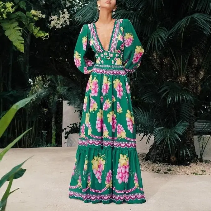 FLAXMAKER Women's Emerald Vineyard Green Grapes Print Long Sleeve V Neck One Piece Swimsuit and Matching Maxi Cover Skirt Set Beach Swimwear Swimdress Swimset Bathing Suit Stylish Beachwear #Summervibes outdoorfun #SwimWeek