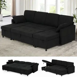 ACMEASE 110" U-Shaped Pull Out Sofa Bed w/Adjustbale Backrests & Storage Chaise, Tufted Sectional Sofa w/USB Port, Fabric Sleeper Couch w/Cup Holders for Living Room