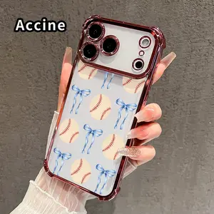 Ribbon and Baseball Pattern Phone Case for iPhone 17 16 Pro Max 15 Plus 14 13 12 11 E Air Electroplated Cover with Airbag Shockproof Soft Silicone Casing