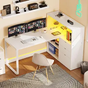 L Shaped Desk with Drawers, 55" Corner Computer Desk with Bookshelf & Power Outlets & LED Lights, Home Office Desk with Storage Shelves, White
