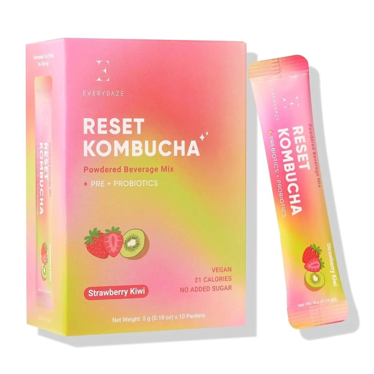 Everydaze Reset Kombucha Tea Powdered Beverage Mix | 10 Sticks | Prebiotics + Probiotics | Vegan | No Added Sugar, Gluten Free, Sparkling Powder Drink Pack (Strawberry Kiwi)