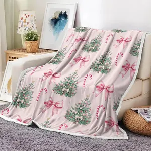 Whimsical Pink Christmas Throw Blanket, Christmas Trees Playful Candy Canes Flouncy Bows Soft Warm Cozy Plush Comfy Blanket for  beds and sofas can also be given as a gift
