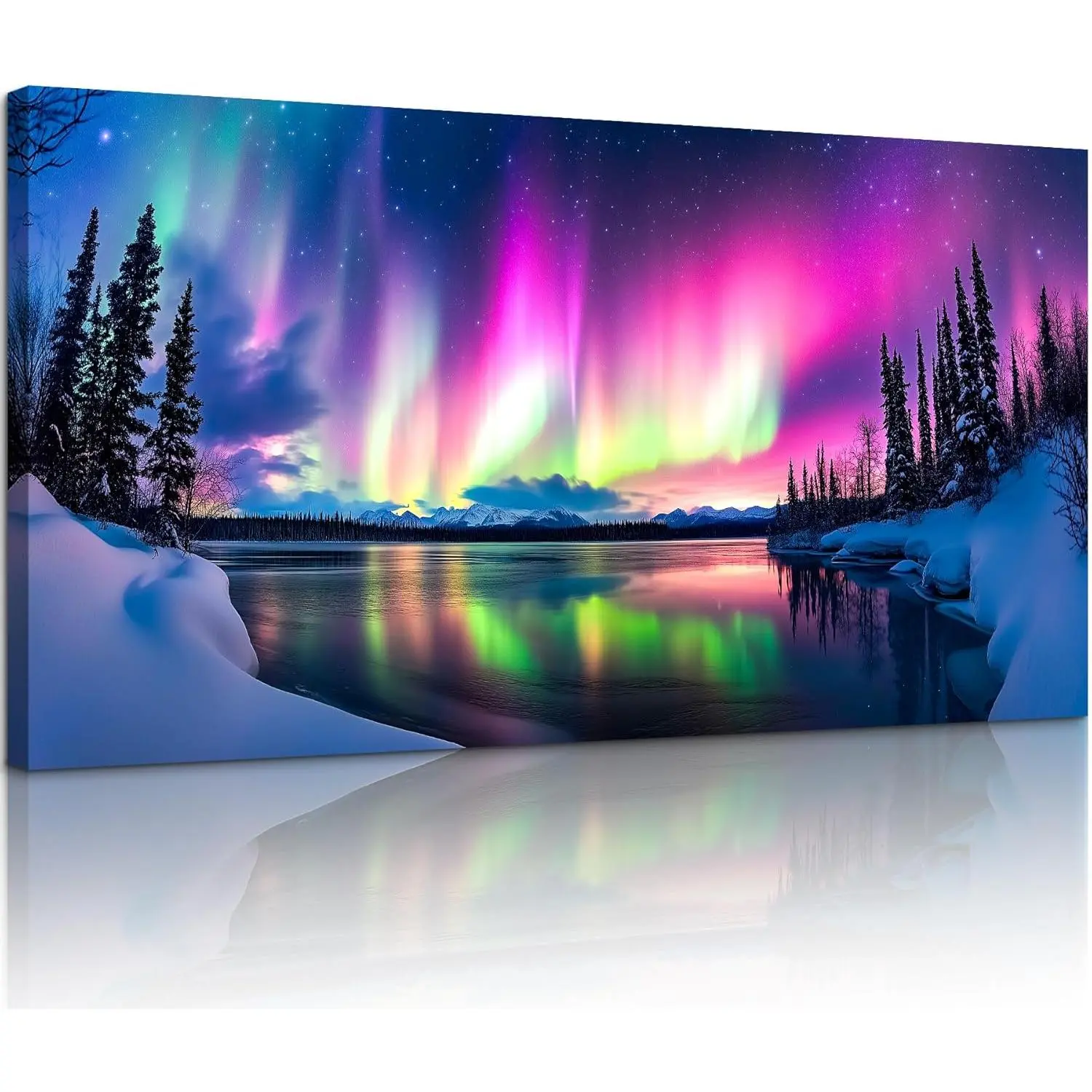 Aurora Borealis Wall Art, Winter Lake Nightscape Large Artwork, Colorful Natural Landscape Canvas Paintings, Modern Aesthetic Pictures for Living Room Bedroom Office Art Prints 32"X16"