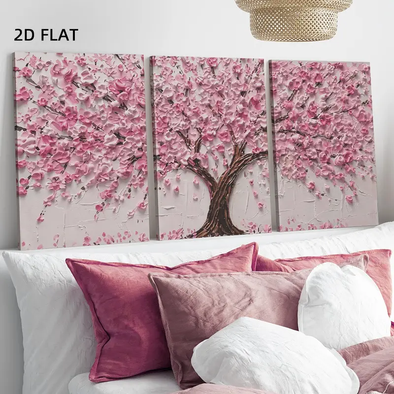 3 Counts Wood Framed Canvas 2D Pink Cherry Blossom Tree, Cherry Blossom Pattern Floral Wall Art, Ready To Hang, Pink Decor, Waterproof Canvas, Artwork For Gift, Wall Decor for Home And Dormitory