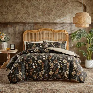 Black floral print duvet cover set (2/3 counts), vintage bohemian style bedding, reversible, geometric and floral print, soft and comfortable washable polyester, perfect for bedroom decoration, no filling, all seasons, great gift.
