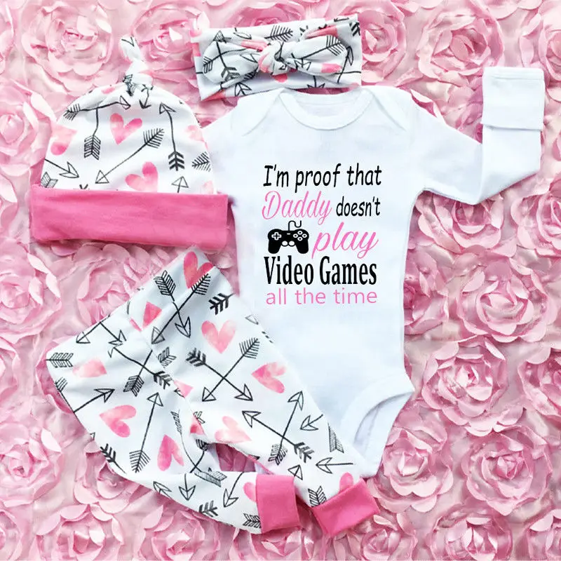 4Pcs Baby Girls Pants Set Newborn Letter Romper Infant Toddler Arrow Heart Pants Hats Headband Outfits