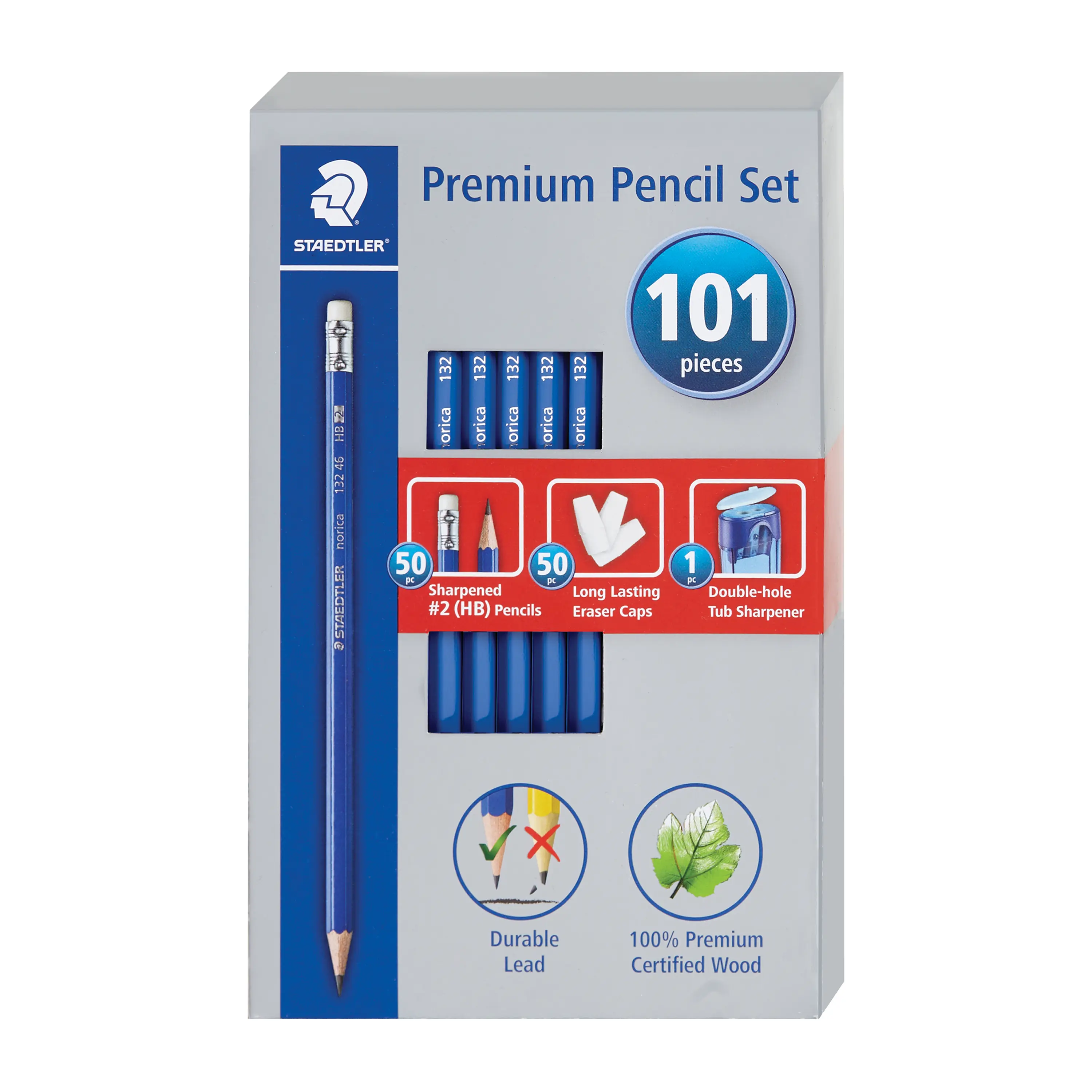 STAEDTLER 101-Piece Premium norica Pencil Set - Includes 50 #2 HB Wood-cased Pencils, 50 Eraser Caps and 1 Tub Sharpener