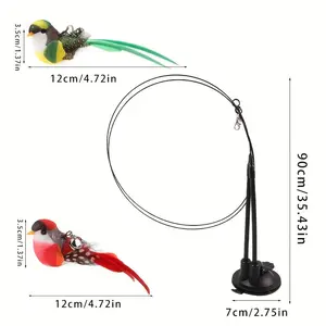 Interactive Cat Teaser Wand with Long Dual Rods and Strong Suction Cup Base - Hands-Free Cat Toy with Artificial Feathers in Red/Green, Non-Toxic Polyester, Ideal for Hunting Exercise, Kittens and Adult Cats - Indoor/Outdoor Use, Battery-Free