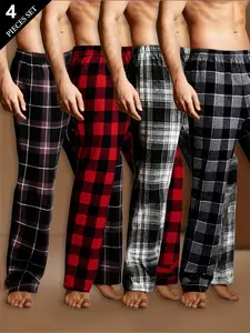Men's Plaid Checked Sleepwear Loungewear Set 4 Piece Sleep Sets, Casual Fitted Homeewear, Comfortable Fashion Men's Pajamas, Perfect Gift, Holiday Celebration Clothing