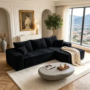 【Summer Vibes】Joylsle Organic Modern Black 103" Plush Corduroy No Assembly Required L-Shaped Modular Cloud Sectional Sofa with Side Storage Pockets, Marshmallow Soft，2 Packages