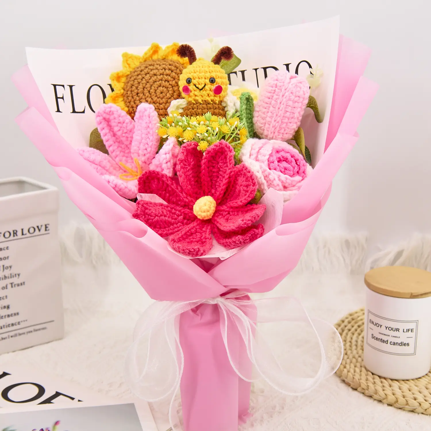 Handmade Crochet Flowers Bouquet Gift for Girlfriend Birthday Wedding Anniversary Just Because Graduation Gift with Sunflower Rose Tulip Daisy Cute Crochet Bees Forever Flowers for Her with Greeting Card US Fast Shipping Soft Pink Home Decor Women's Gift