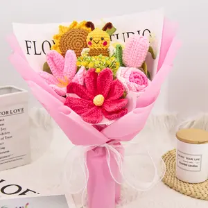 Mother’s Day Gift, Handmade Crochet Flower Bouquet with Sunflower, Rose, Tulip & Daisy with Cute Crochet Bees, Graduation Gift, Birthday, Anniversary Gift for Her, Girlfriend, Wife, Friend, Includes Greeting Card, Soft Pink Knitted Material