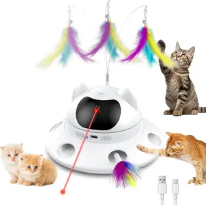 Cat Laser Toy, Automatic 3in1 Interactive Laser Pointer Toy for Indoor Cats, 5 Adjustable Red Lazer Light Pattern, Smart Sensor Auto Cat Feather Wand Kitten Toy, Keep Busy Chase Play, USB Rechargeable