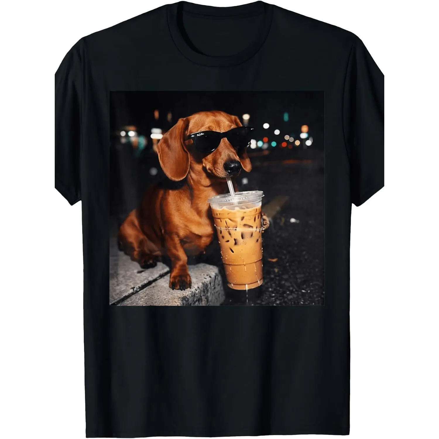 Humorous Dachshund Drinking Iced Coffee TShirt Retro Vintage Casual Apparel for Coffee Enthusiasts and Dachshund Owners