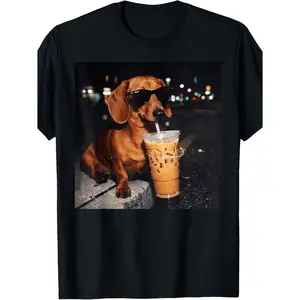 Humorous Dachshund Drinking Iced Coffee TShirt Retro Vintage Casual Apparel for Coffee Enthusiasts and Dachshund Owners