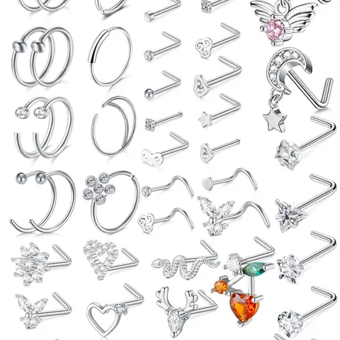 Women's 20g Nose Ring Stud Earrings, Surgical Steel Nose Stud with Shiny Cz Flower Design, Heart Butterfly Floral Patterns, Nose Piercing Jewelry, Body Jewelry, Body Piercings, Nose Rings Studs