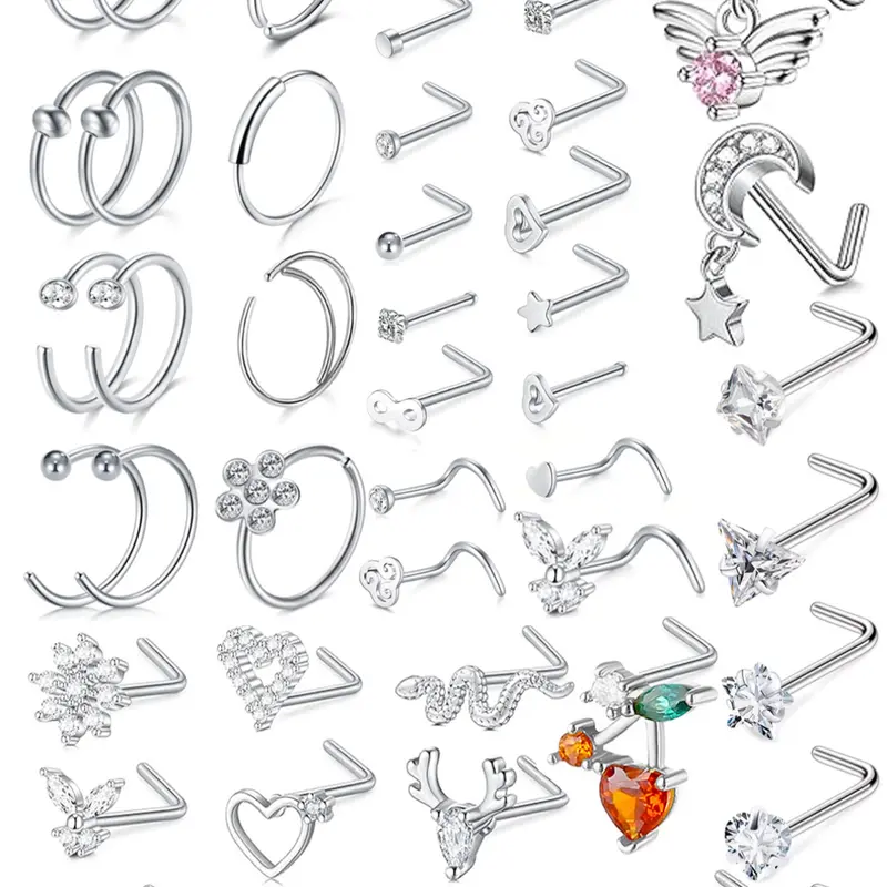 Women's 20g Nose Ring Stud Earrings, Surgical Steel Nose Stud with Shiny Cz Flower Design, Heart Butterfly Floral Patterns, Nose Piercing Jewelry, Body Jewelry, Body Piercings, Nose Rings Studs