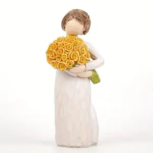 Sculpted Figurine - Hand-Painted Resin Figure Holding Yellow Rose Bouquet - Best Friend Gift, Graduation, Retirement, or Hospitality Thank You - Home Decor Accessory
