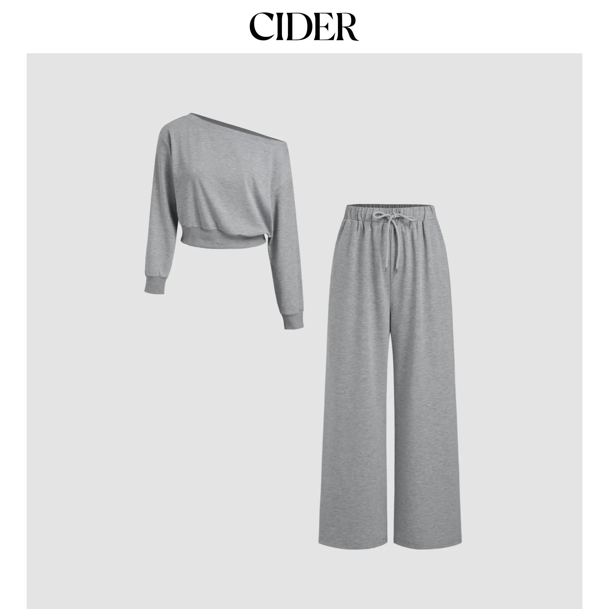 Cider [size 0-26] Terry Asymmetrical Neck Solid Long Sleeve Crop Top & Mid Rise Elastic Waist Knotted Wide Leg Trousers Set