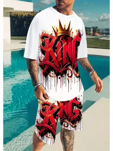 Men's Casual Fashion Set Outfit, Short Sleeve King Pattern Top & Matching Shorts, Perfect for Travel & Holiday Wear