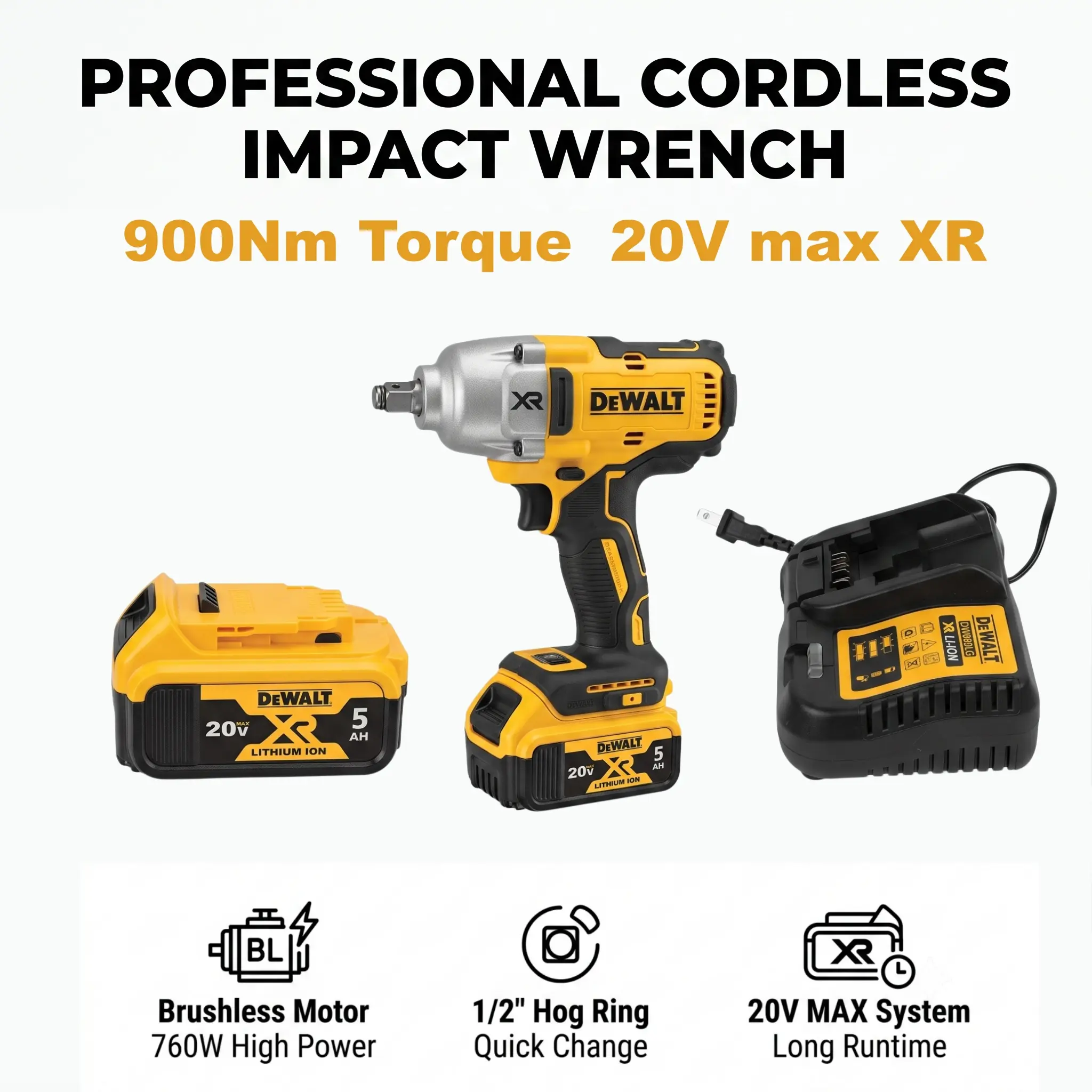 DEWALT DCF900 1/2 Inch High Torque Impact Wrench for Lug Nut Removal, Heavy Truck Service, Auto Repair, Construction, Industrial Maintenance and Equipment Installation, Hog Ring Anvil, 3-Mode Speed Control, LED Work Light, Charger and Carry Case Included