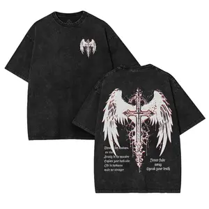 Vintage Goth Punk Shirts for Men Grunge Streetwear Oversized Tshirts Gothic Cross Y2k Graphic Tees Acid Wash T Shirt