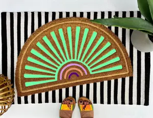 Colorful and vibrant boho sun coir doormat, colorful boho decor for your front porch entry, unique and custom welcome mat for your home