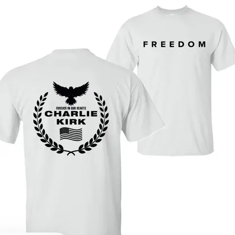 Freedom Charlie Kirk A True American Patriot Eagle Wreath "Forever in Our Hearts" Memorial T-Shirt, Charlie Kirk Shot Dead at Utah College Event Tee, 2 Sided Graphic Design Unisex Cotton T-shirt for Men for Women Menswear Womenswear