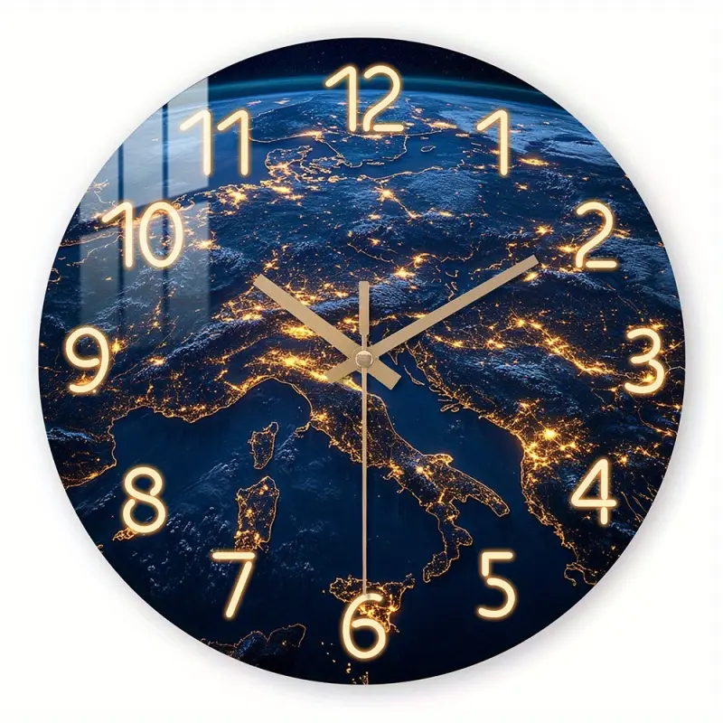 1 acrylic wall clock, fantasy theme, glowing earth pattern in space, crystal porcelain, silent, Wall Clock Decorative, suitable for home decoration, great space-themed gift, battery-powered (AA batteries