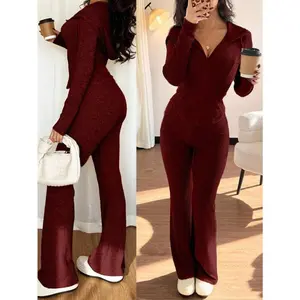 Women’s 2-piece casual hooded sweatshirt and ribbed flared pants set with pockets, multifunctional autumn and winter outfit for women