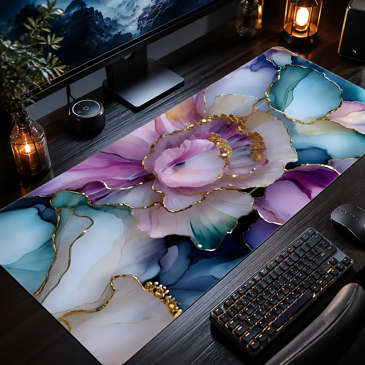 Gilded Blue Floral Ink Art Large Gaming Mouse Pad, Computer Mouse Pad, Washable Rubber Extended Desk Mat with Non-Slip Base, Girly Aesthetic Home Office Decor, Mouse Pads for Desk, Christian Gifts for Women, Keyboard Mouse Pad, Deskmat