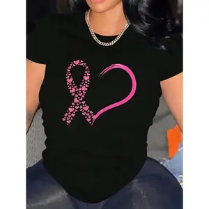 Women's Casual Breast Cancer Awareness T-Shirt - Pink Heart Geometric Print, Soft Stretch Round Neck Short Sleeve Top, Machine Washable All-Season Comfort, Comfortable Clothing, Heartshaped Design, Nontransparent Material