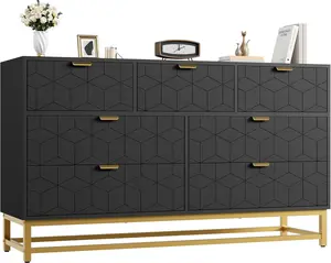 Dresser for Bedroom  7 Drawer with Golden Metal Handle and Legs  Closet Hallway Living Room Entryway Black