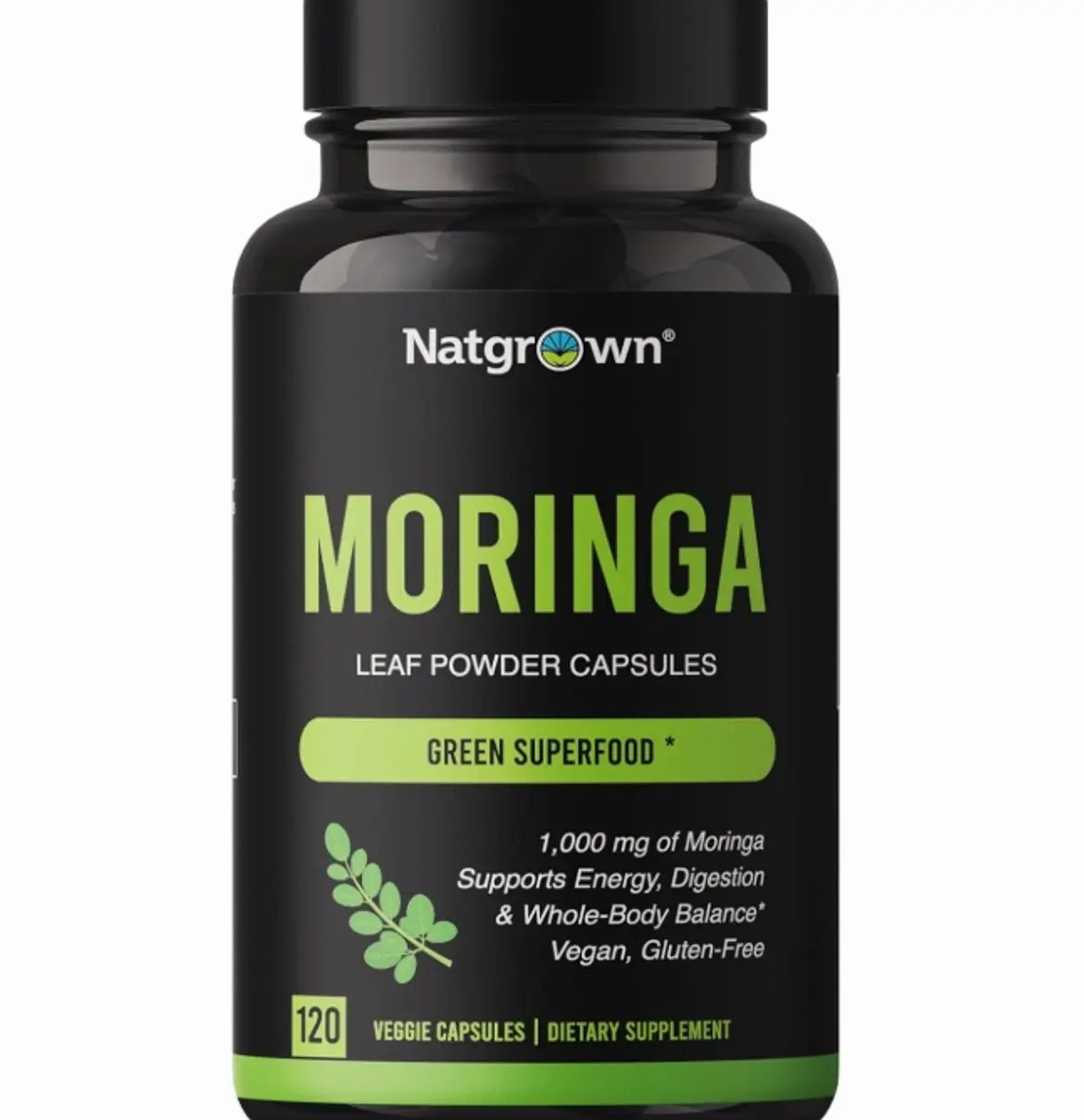 Natgrown Organic Moringa Capsules 1,000 mg - Pure Moringa Leaf Powder - Green Superfood Supplement - Vegan, Gluten-Free - 120 Capsules